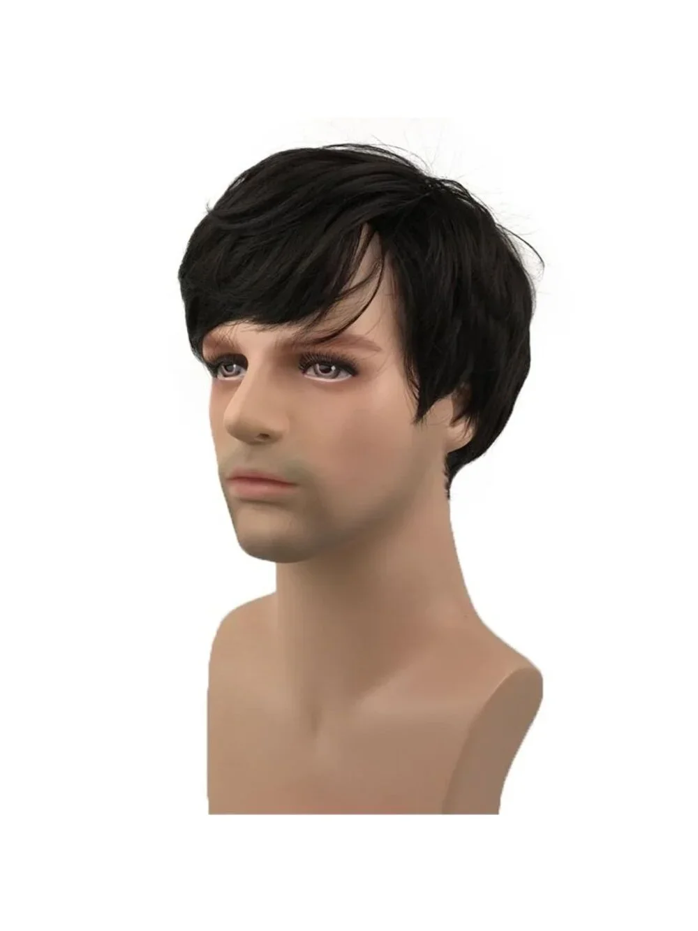 Men's Black Short Straight Layered Pixie Cut with Shaggy Long Bangs Anime Wig